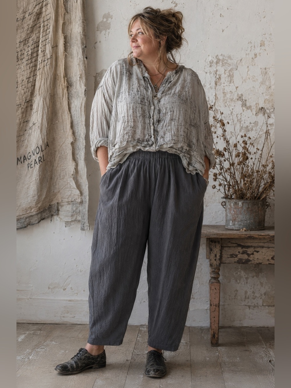Asiatica Womens Pants Sz L/XL Gray Wool Crepe Pull On Wide Leg Ankle Lagenlook